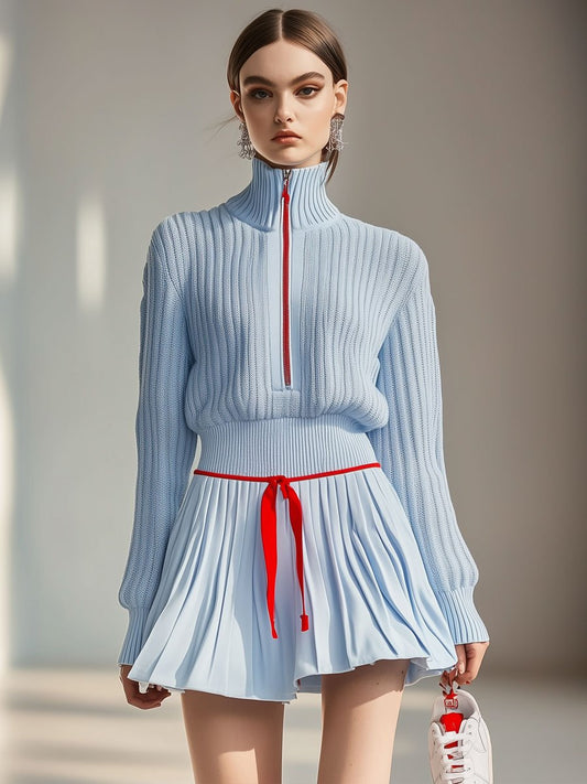 Casual Stand Collar Zipper Knit Sweater and Culotte Sports Set