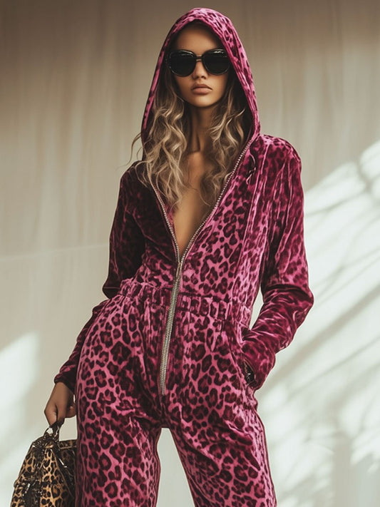 Women's Pink Velvet Leopard Print Hooded Jumpsuit With Elastic Waist