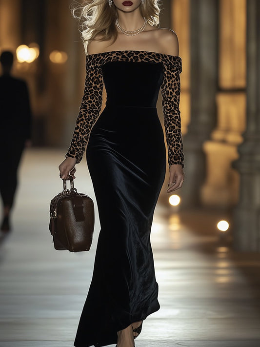 Retro Elegant One-Shoulder Leopard Print Velvet Maxi Dress