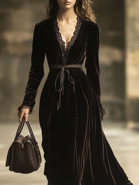 V-Neck Lace Panel Solid Velvet Long-Sleeved Women's Maxi Dress