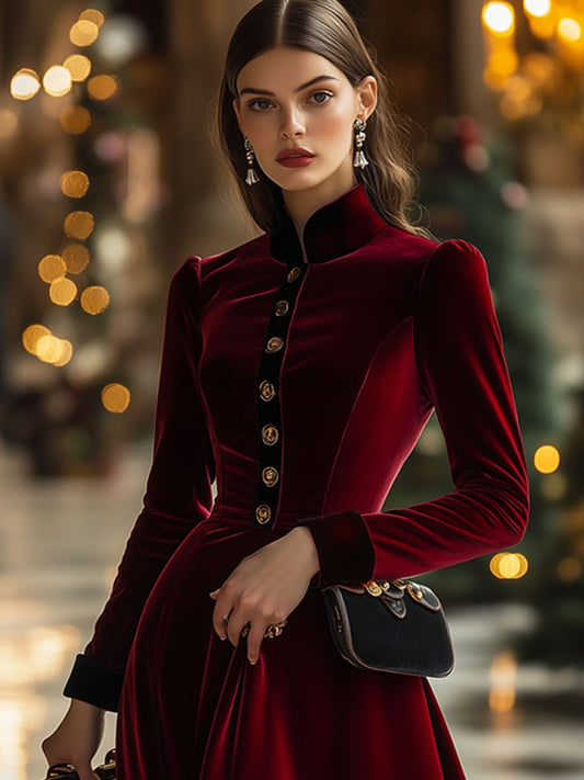 Vintage Ankola Red Velvet Single-Breasted Long Sleeve Midi Dress