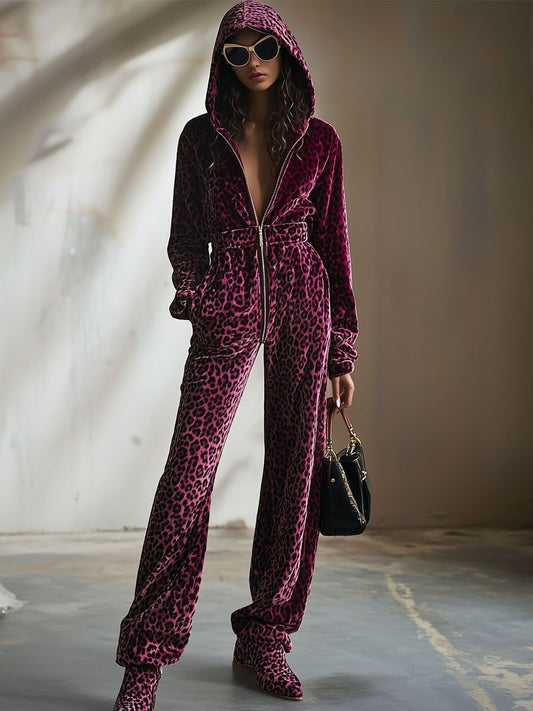 Retro Purple Velvet Leopard Print Hooded Jumpsuit With Front Zipper