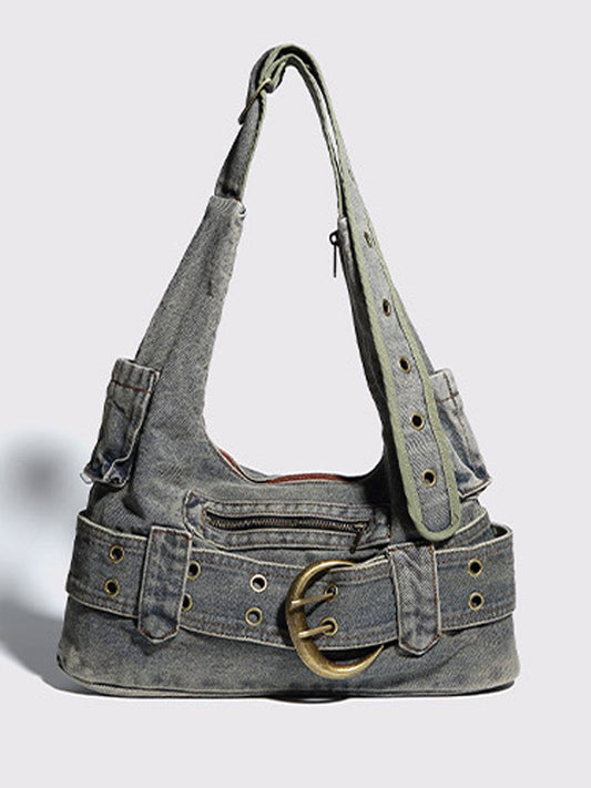 Vintage Washed Denim Crossbody Shoulder Bag with Adjustable Strap