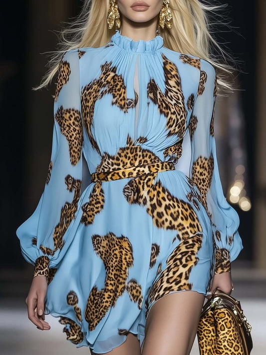 Elegant Sky Blue Leopard Print Chiffon Mini Dress With Ruffles