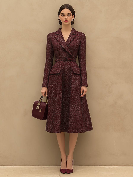 Elegant Vintage Wine Red Tweed V-Neck Lapel Midi Dress
