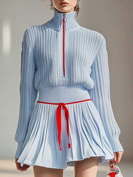 Casual Stand Collar Zipper Knit Sweater and Culotte Sports Set