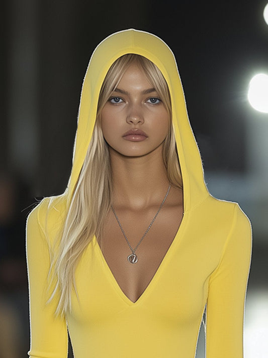 Yellow Slim Fit Hooded Mini Dress Casual Cotton Blend T-Shirt