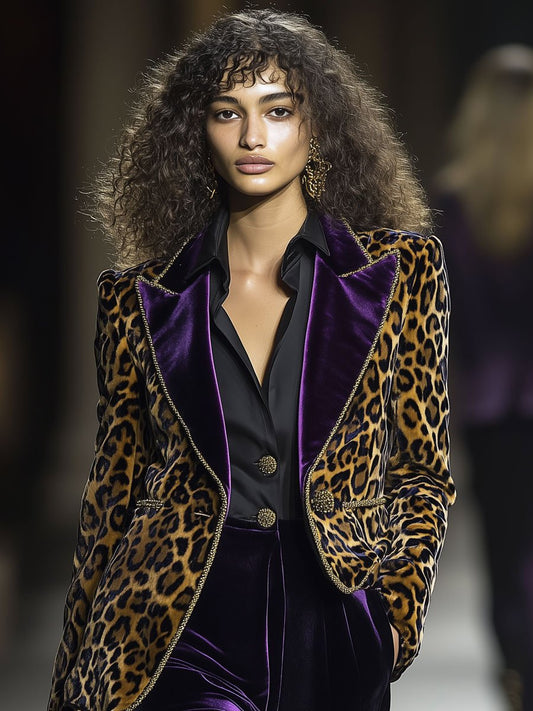 Casual Vintage Velvet Leopard Print Contrast Lapel Blazer Women's Jacket