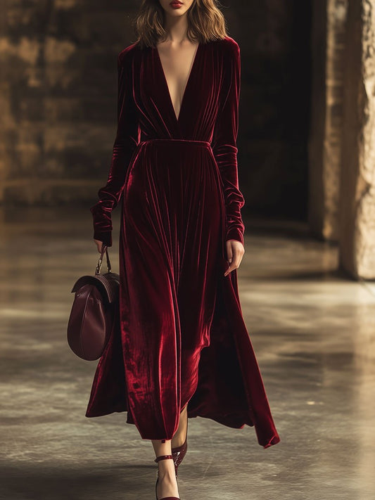 Oyrosy Women's V-Neck Velvet Long Sleeve Midi Dress Wine Red