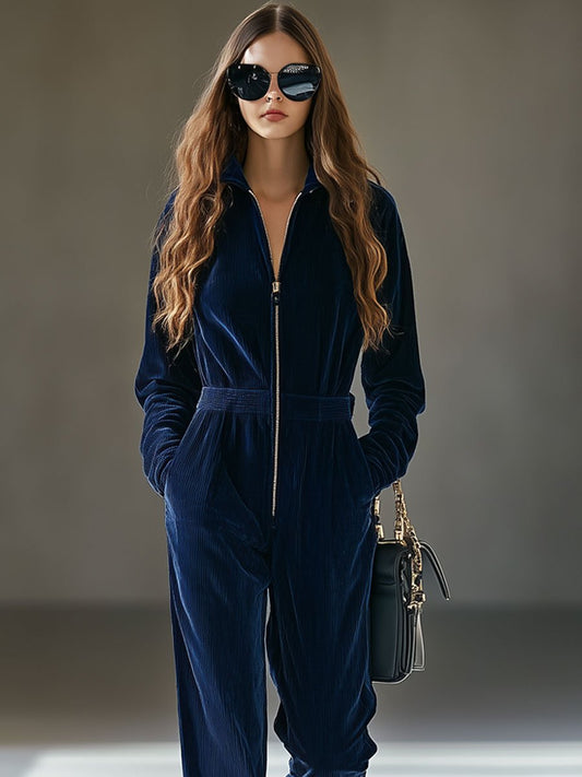 Women's Casual Loose Vintage Corduroy Jumpsuit with Zipper and Pockets