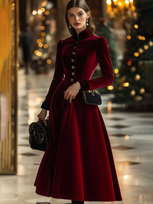 Vintage Ankola Red Velvet Single-Breasted Long Sleeve Midi Dress