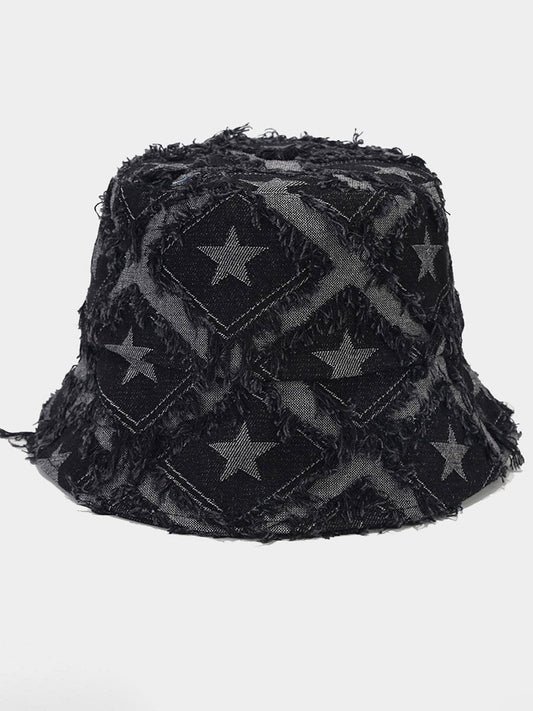 Casual Raw-Edge Denim Bucket Hat With Five-Pointed Star Detail