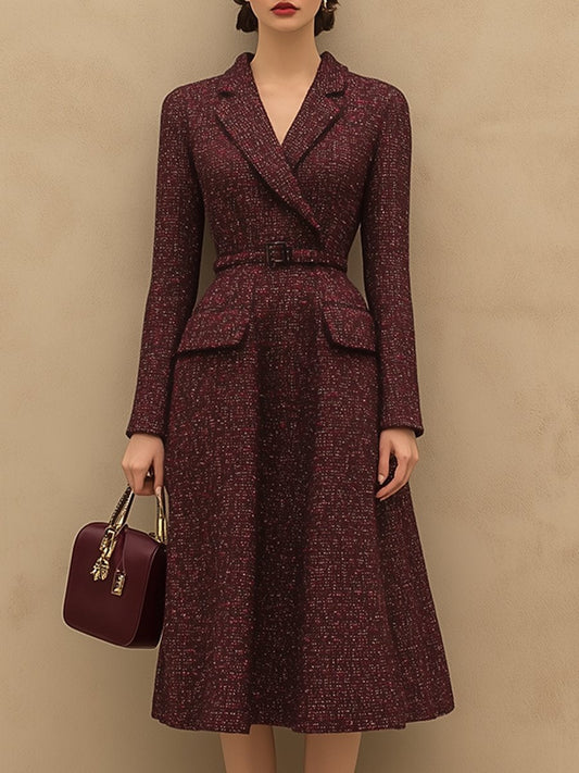 Elegant Vintage Wine Red Tweed V-Neck Lapel Midi Dress