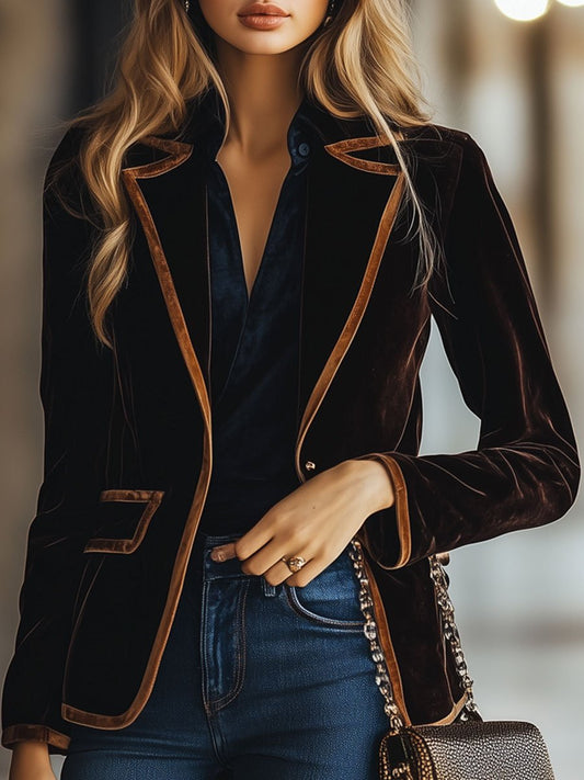 Oyrosy Vintage Velvet Colorblock Striped Blazer with Functional Pockets