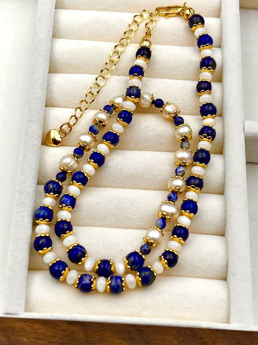 Vintage Royal Blue Lapis Lazuli and Lustrous Pearl Fashion Necklace