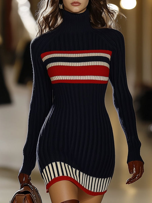 Retro High Collar Striped Knit Mini Dress for Daily Wear