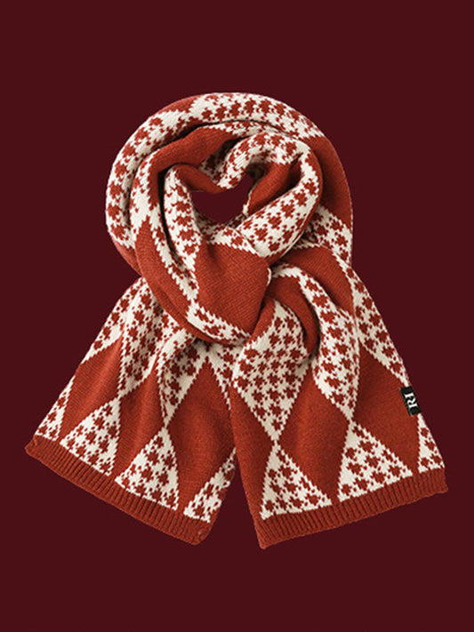 Festive Vintage Christmas Knitted Scarf with Geometric Elk Design
