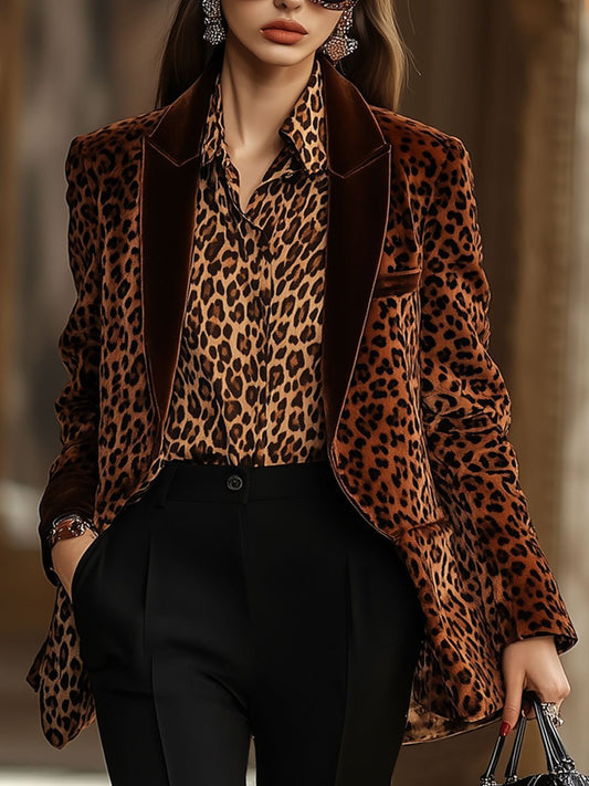 Vintage Inspired Velvet Leopard Print Blazer with Stylish Lapel Collar