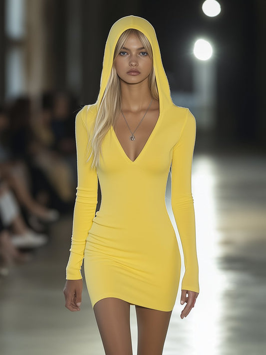 Yellow Slim Fit Hooded Mini Dress Casual Cotton Blend T-Shirt