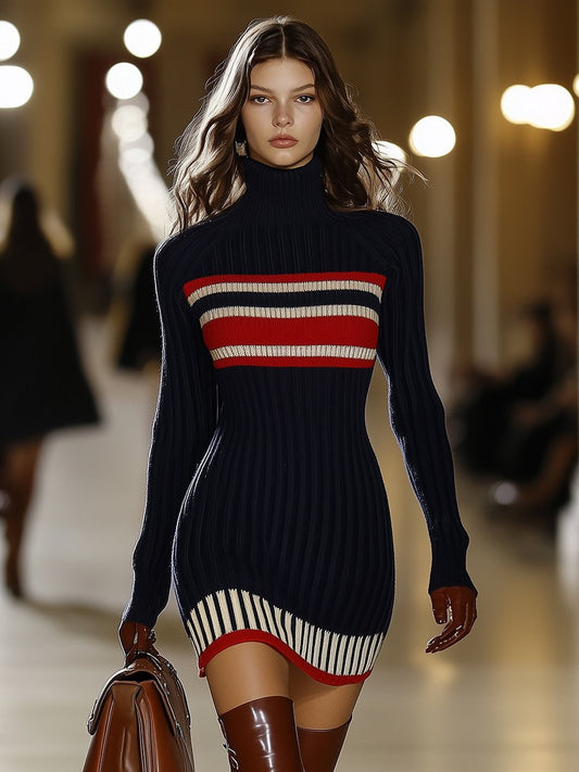 Retro High Collar Striped Knit Mini Dress for Daily Wear