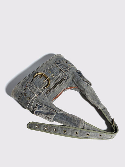 Vintage Washed Denim Crossbody Shoulder Bag with Adjustable Strap