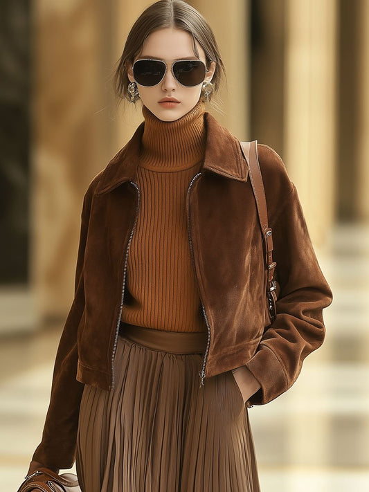 Women's Casual Loose Caramel Suede Zipper Pocket Short Jacket