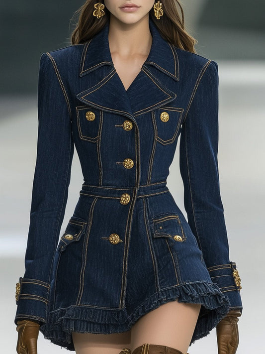 Classic Denim Mini Dress with Large Lapels and Ruffled Hem