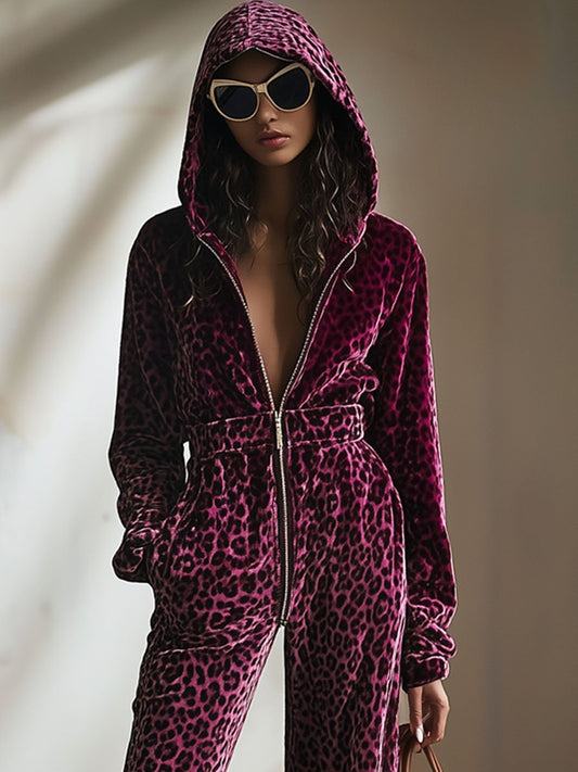 Casual Retro Purple Velvet Leopard Print Hooded Jumpsuit with Pockets
