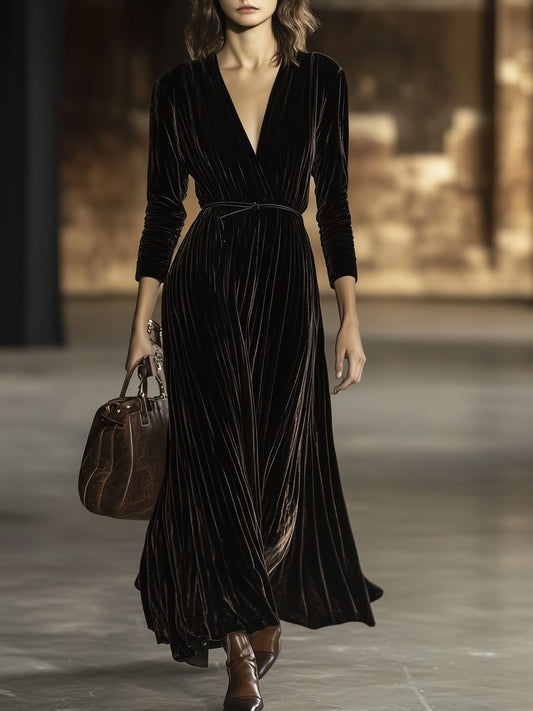 Retro V-Neck Belted Velvet Long Sleeve Maxi Dress