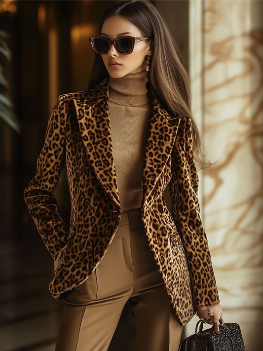 Oyrosy Women's Vintage Velvet Leopard Print Slim Fit Lapel Blazer
