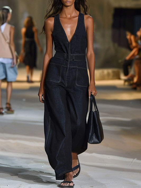 Women's Retro V-Neck Loose Sleeveless Wide-Leg Denim Jumpsuit Navy