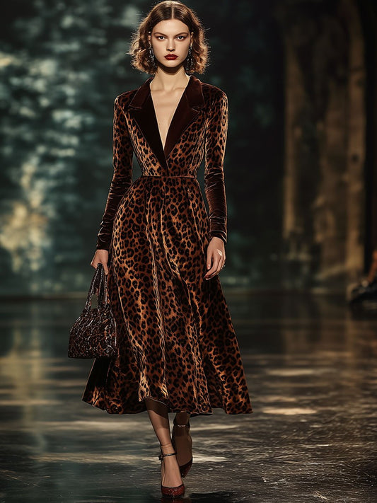 Women's Leopard Print Velvet Long Sleeve Midi Party Dress