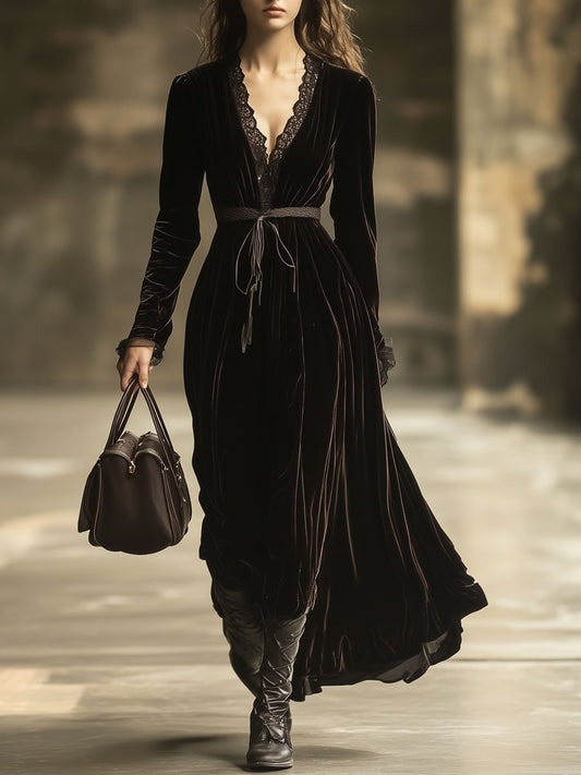 V-Neck Lace Panel Solid Velvet Long-Sleeved Women's Maxi Dress