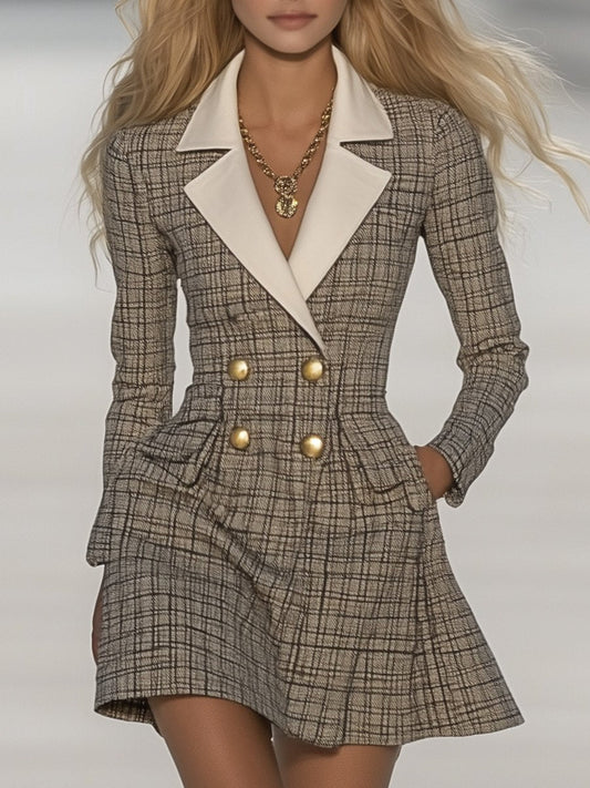 Contrast Lapel Plaid Mini Dress with Chic Preppy Style