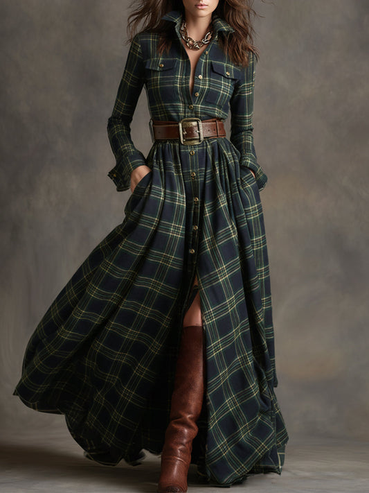 Retro Ethnic Style Lapel Plaid Maxi Dress with Waist Belt