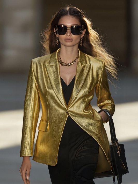 Luxurious Gold Pleated Oversized Suit Jacket for Glamorous Evening Wear