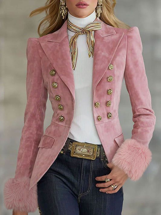 Elegant Faux Suede Blazer with Fur Cuffs and Metal Buttons