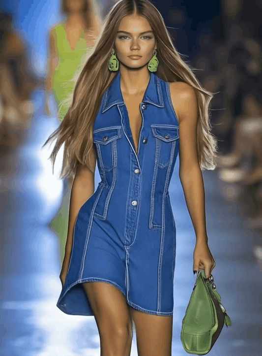 Premium Denim V-Neck Zipper Mini Dress for Effortless Chic Style