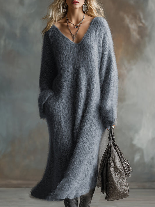 Gray Faux Rabbit Fur V-Neck Long-Sleeved Knitted Maxi Dress