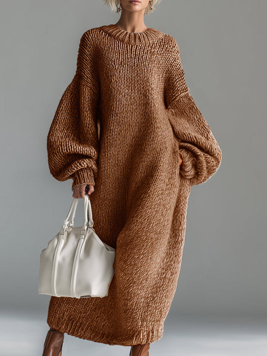 Heathered Knit Maxi Dress with Crew Neck and Urban Silhouette