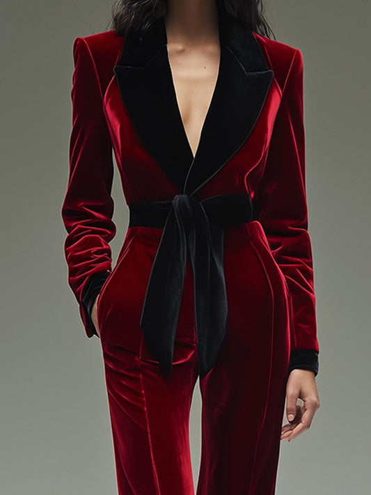 Vintage Style Velvet Colorblock Lapel Jumpsuit with Belt
