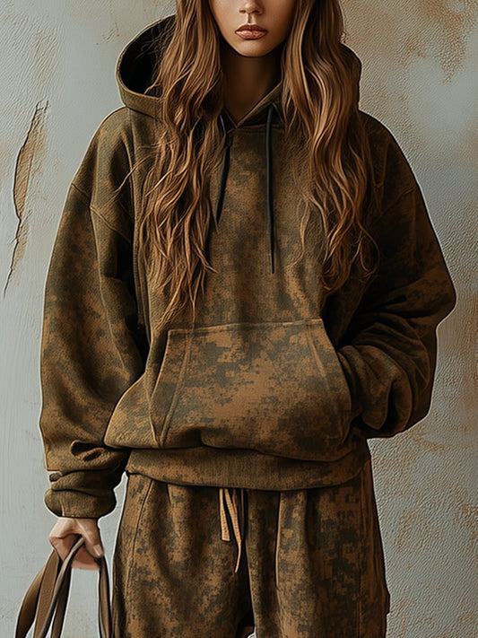 Vintage Camouflage Hooded Sweatshirt and Leggings Two Piece Set