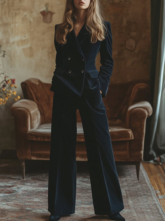 Navy Corduroy Double Breasted Blazer and Wide Leg Pants Set