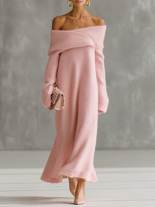 Pink Mohair One-Shoulder Loose Fit Maxi Dress for Women